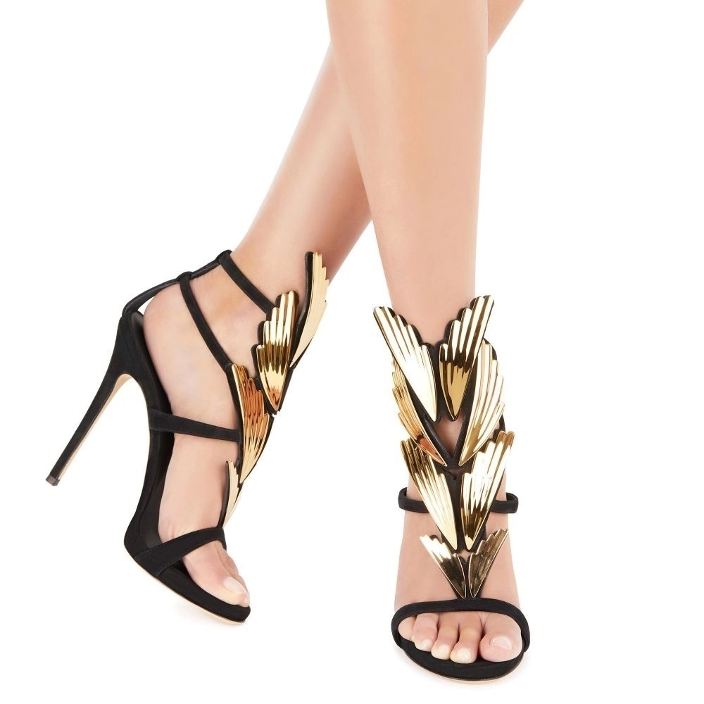 Giuseppe Zannoti Black Suede Leather Gold Wings Cruel 2.0 High Heel Sandals EU41 - Picture 2 of 12